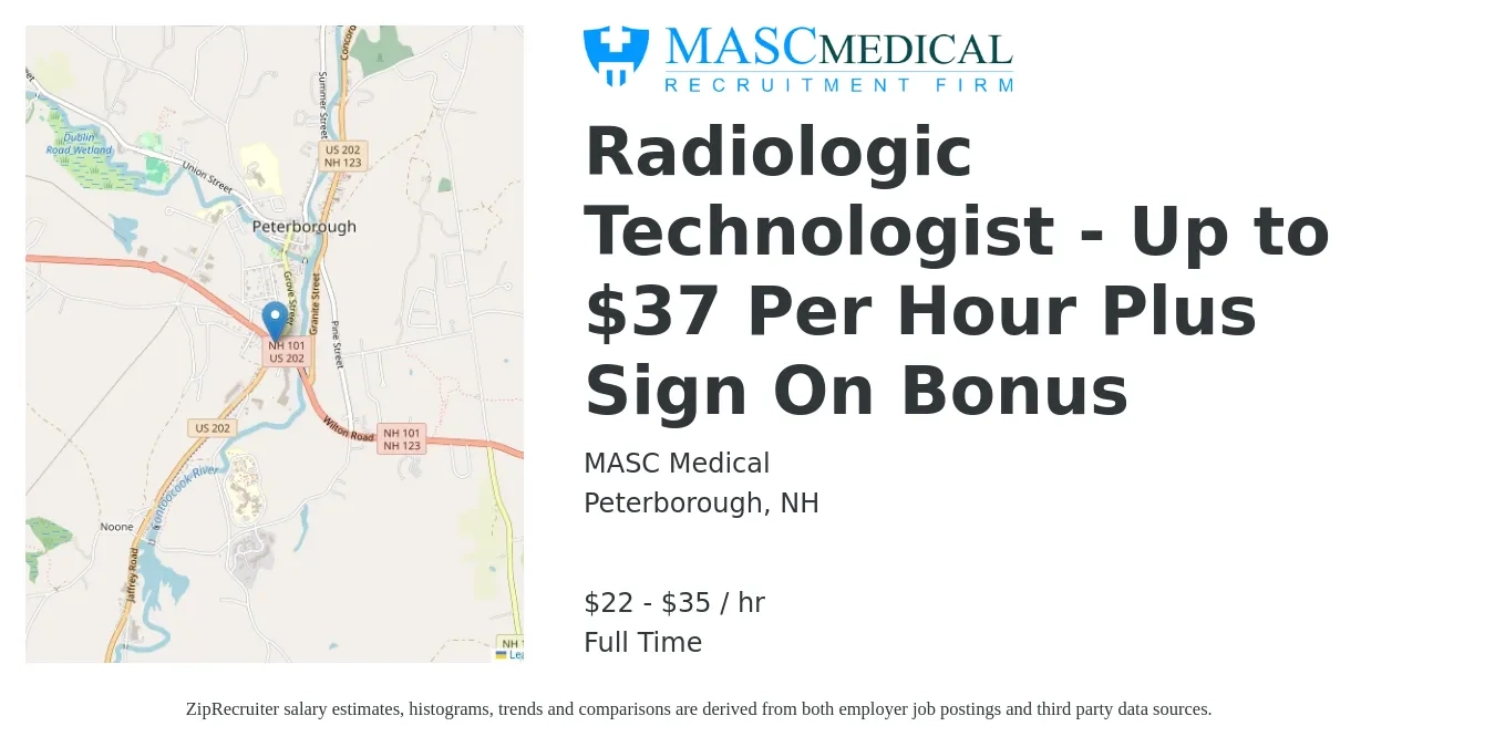 MASC Medical job posting for a Radiologic Technologist - Up to $37 Per Hour Plus Sign On Bonus in Peterborough, NH with a salary of $23 to $37 Hourly with a map of Peterborough location.