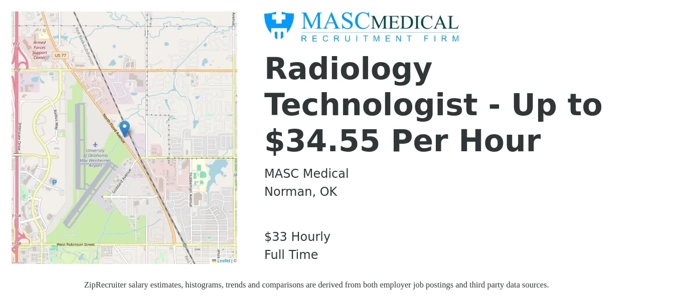 MASC Medical job posting for a Radiology Technologist - Up to $34.55 Per Hour in Norman, OK with a salary of $35 Hourly with a map of Norman location.