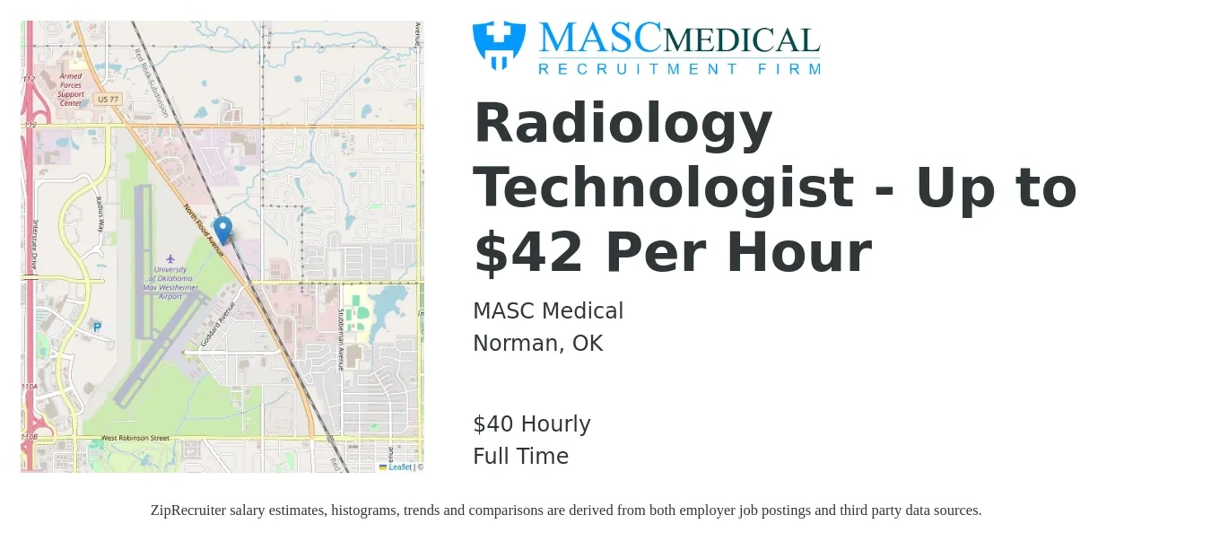 MASC Medical job posting for a Radiology Technologist - Up to $42 Per Hour in Norman, OK with a salary of $42 Hourly with a map of Norman location.