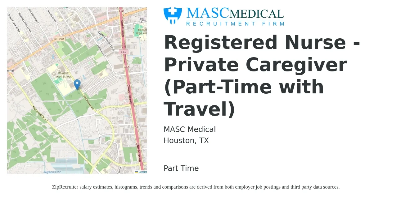 MASC Medical job posting for a Registered Nurse - Private Caregiver (Part-Time with Travel) in Houston, TX with a salary of $1,520 to $2,270 Weekly with a map of Houston location.