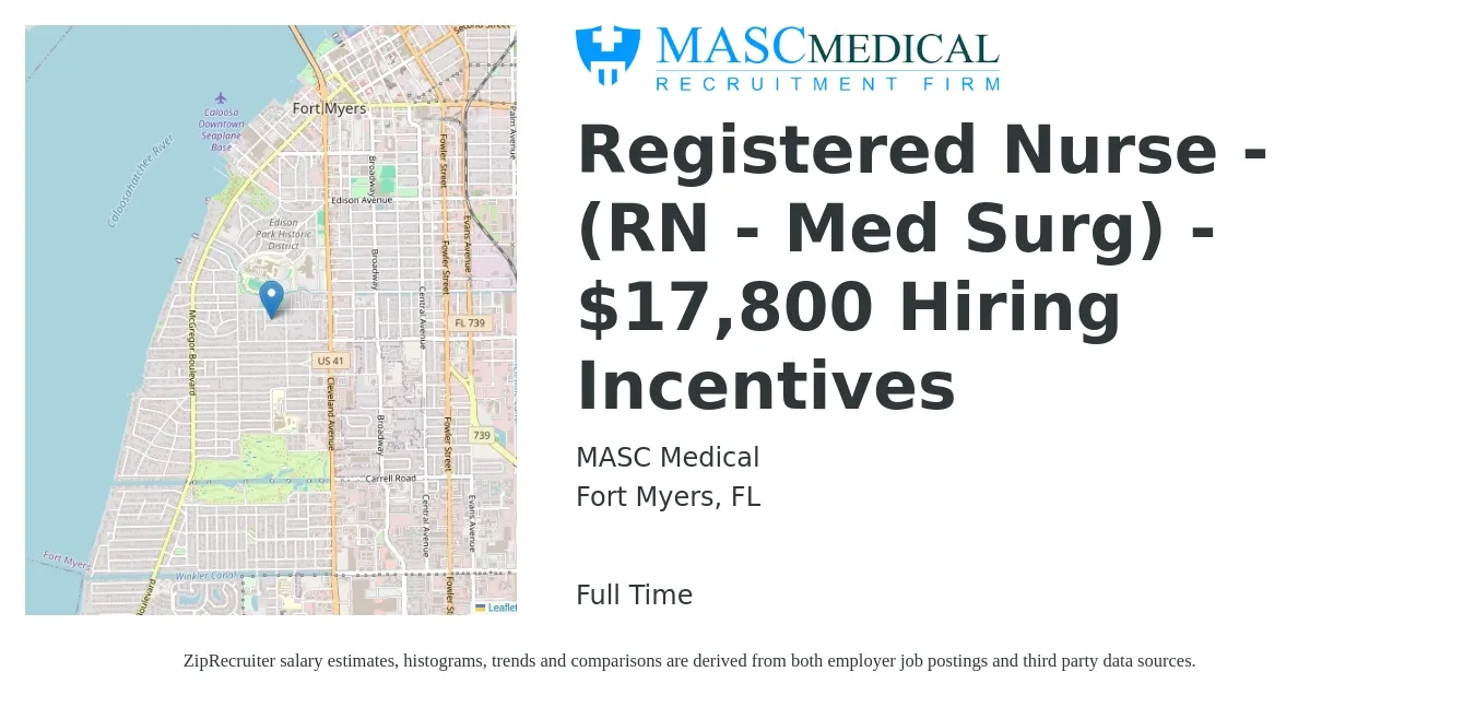MASC Medical job posting for a Registered Nurse - (RN - Med Surg) - $17,800 Hiring Incentives in Fort Myers, FL with a salary of $7,000 Monthly with a map of Fort Myers location.