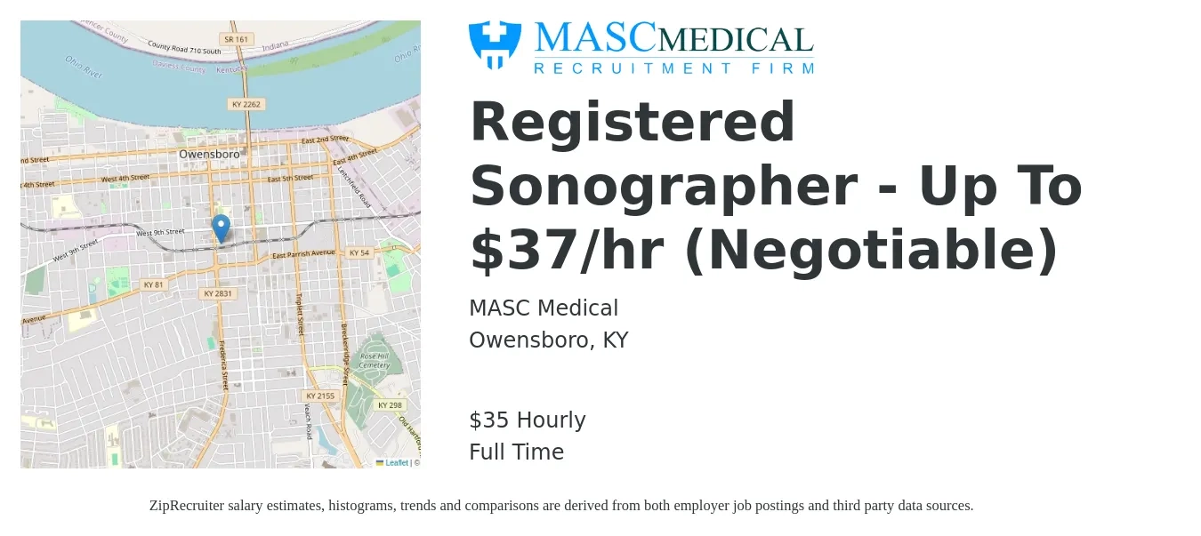MASC Medical job posting for a Registered Sonographer - Up To $37/hr (Negotiable) in Owensboro, KY with a salary of $37 Hourly with a map of Owensboro location.