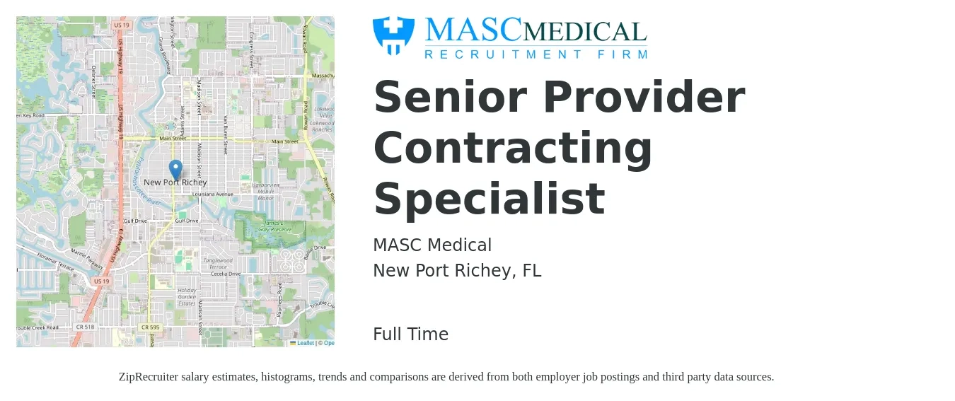 MASC Medical job posting for a Senior Provider Contracting Specialist in New Port Richey, FL with a salary of $87,700 Yearly with a map of New Port Richey location.