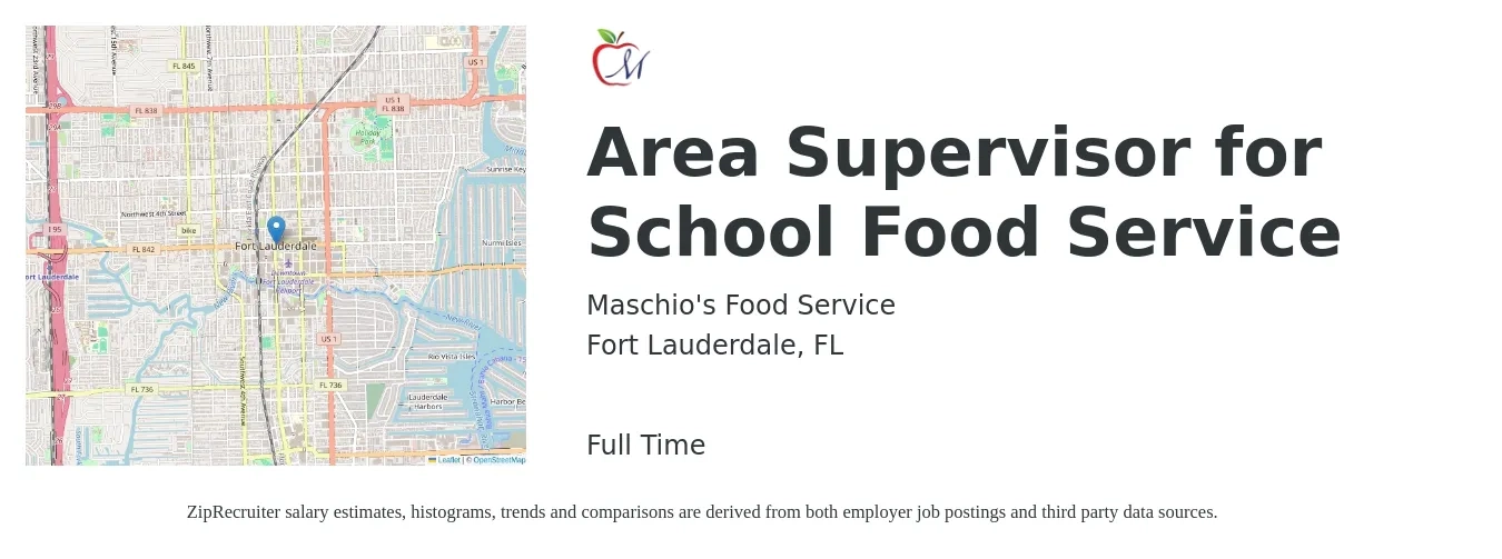 Maschio's Food Service job posting for a Area Supervisor for School Food Service in Fort Lauderdale, FL with a salary of $23 to $28 Hourly with a map of Fort Lauderdale location.