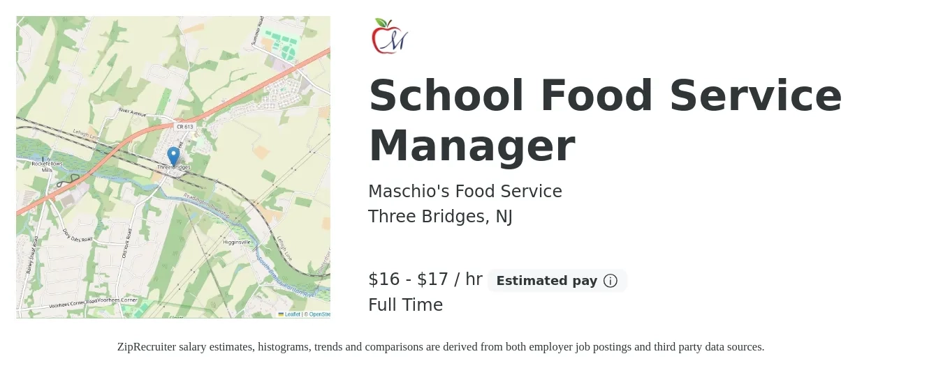 Maschio's Food Service job posting for a School Food Service Manager in Three Bridges, NJ with a salary of $17 to $18 Hourly with a map of Three Bridges location.