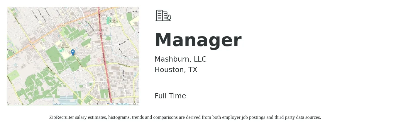 Mashburn, LLC job posting for a Manager in Houston, TX with a map of Houston location.