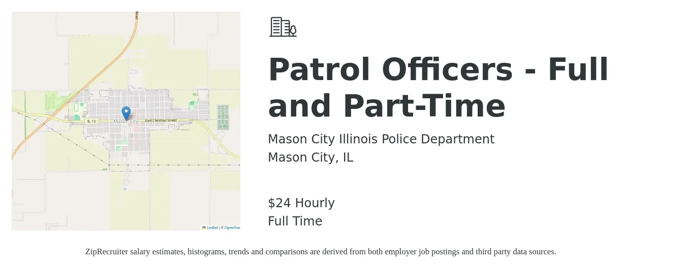 Mason City Illinois Police Department job posting for a Patrol Officers - Full and Part-Time in Mason City, IL with a salary of $25 Hourly with a map of Mason City location.