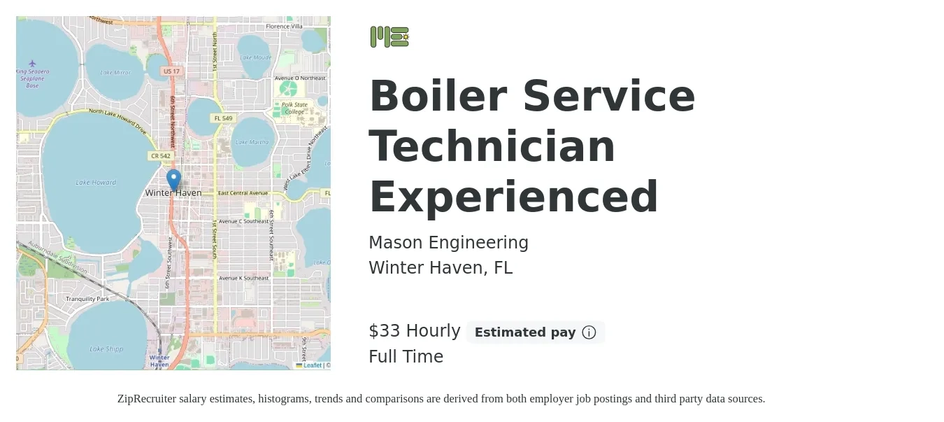 Mason Engineering job posting for a Boiler Service Technician Experienced in Winter Haven, FL with a salary of $35 Hourly with a map of Winter Haven location.