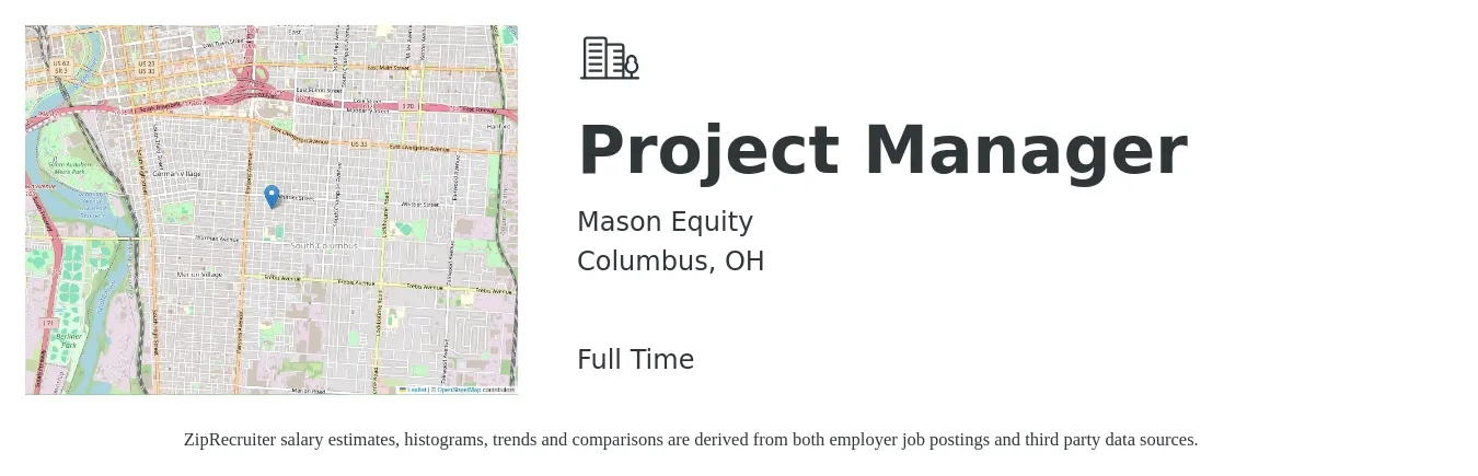 Mason Equity job posting for a Project Manager in Columbus, OH with a salary of $70,000 to $80,000 Yearly with a map of Columbus location.