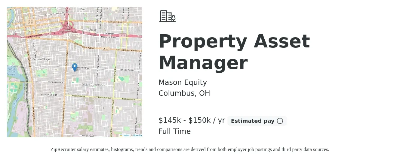 Mason Equity job posting for a Property Asset Manager in Columbus, OH with a salary of $145,000 to $155,000 Yearly with a map of Columbus location.