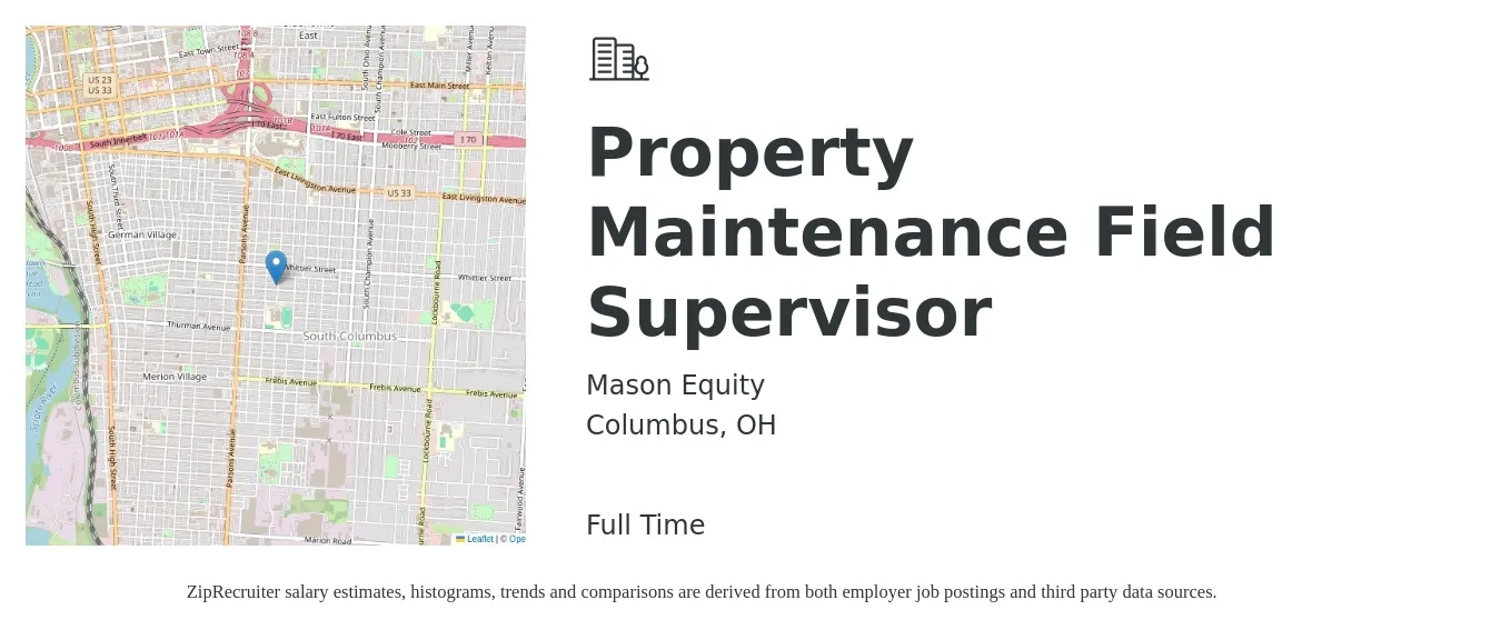 Mason Equity job posting for a Property Maintenance Field Supervisor in Columbus, OH with a salary of $20 to $29 Hourly with a map of Columbus location.