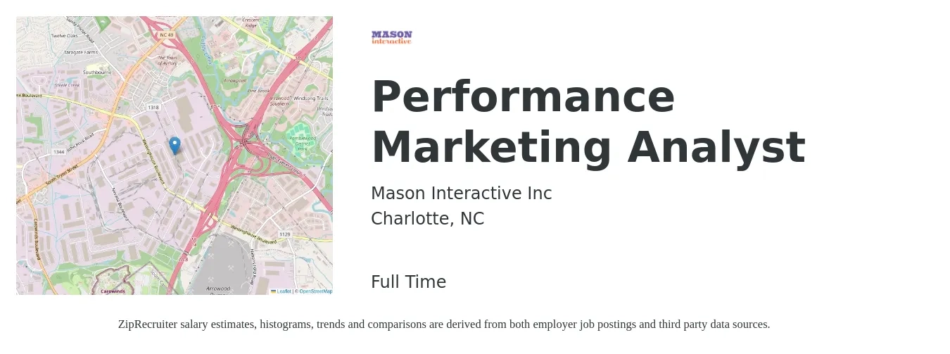 Mason Interactive job posting for a Performance Marketing Analyst in Charlotte, NC with a salary of $51 to $52 Hourly with a map of Charlotte location.