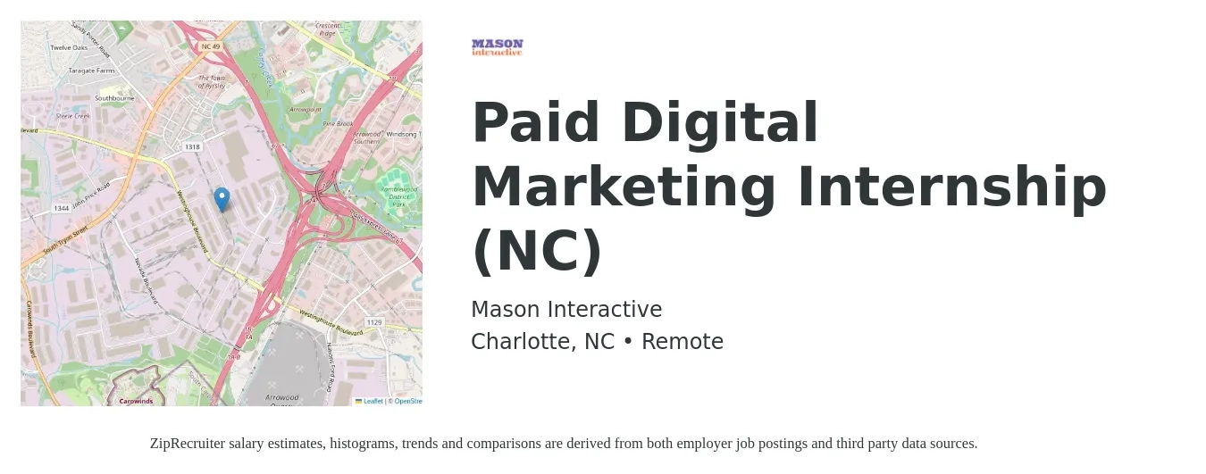 Mason Interactive job posting for a Paid Digital Marketing Internship (NC) in Charlotte, NC with a salary of $13 to $18 Hourly with a map of Charlotte location.