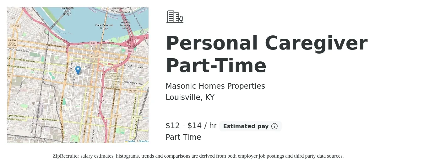Masonic Homes Properties job posting for a Personal Caregiver Part-Time in Louisville, KY with a salary of $13 to $16 Hourly with a map of Louisville location.