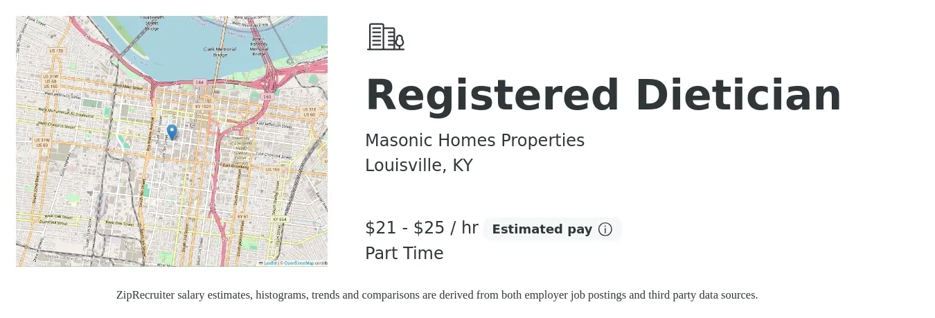 Masonic Homes Properties job posting for a Registered Dietician in Louisville, KY with a salary of $22 to $26 Hourly with a map of Louisville location.