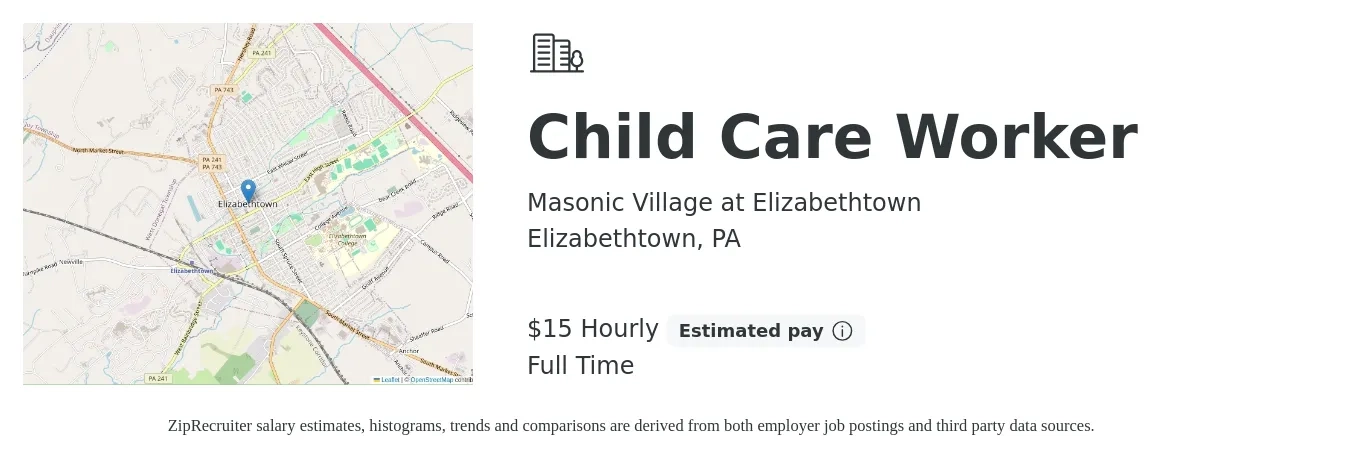Masonic Village at Elizabethtown job posting for a Child Care Worker in Elizabethtown, PA with a salary of $17 Hourly with a map of Elizabethtown location.
