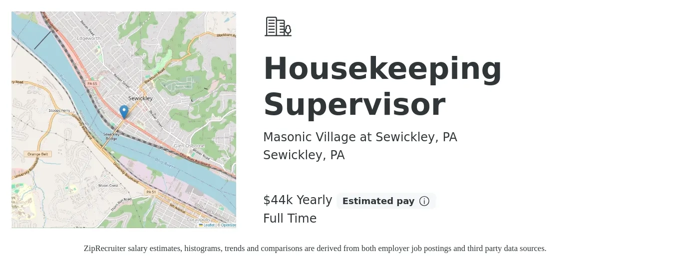 Masonic Village at Sewickley, PA job posting for a Housekeeping Supervisor in Sewickley, PA with a salary of $44,300 Yearly with a map of Sewickley location.