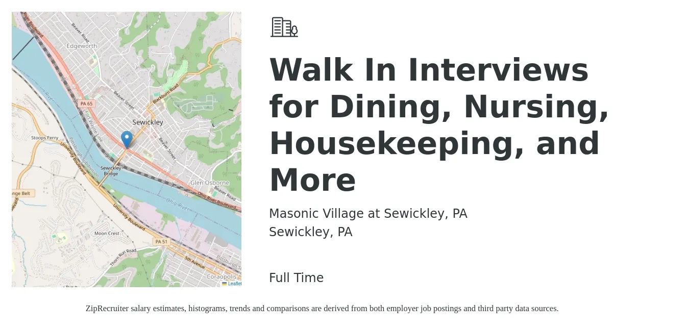 Masonic Village at Sewickley, PA job posting for a Walk In Interviews for Dining, Nursing, Housekeeping, and More in Sewickley, PA with a salary of $14 to $17 Hourly with a map of Sewickley location.