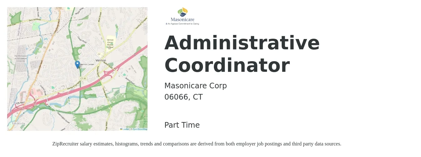 Masonicare Corp job posting for a Administrative Coordinator in 06066, CT with a salary of $20 to $27 Hourly with a map of 06066 location.