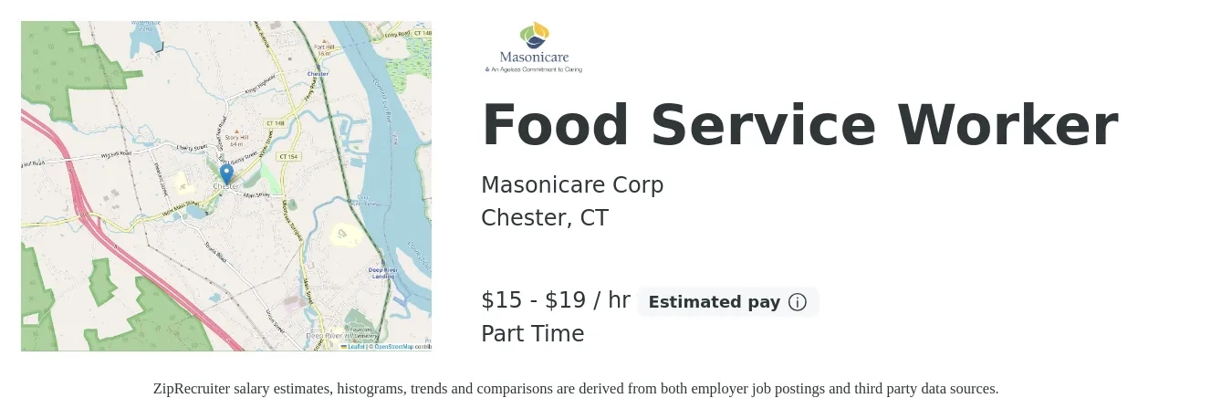 Masonicare Corp job posting for a Food Service Worker in Chester, CT with a salary of $16 to $20 Hourly with a map of Chester location.