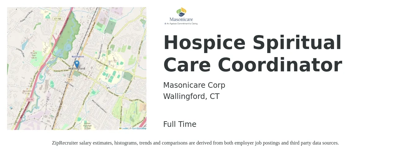 Masonicare Corp job posting for a Hospice Spiritual Care Coordinator in Wallingford, CT with a salary of $57,700 to $66,700 Yearly with a map of Wallingford location.