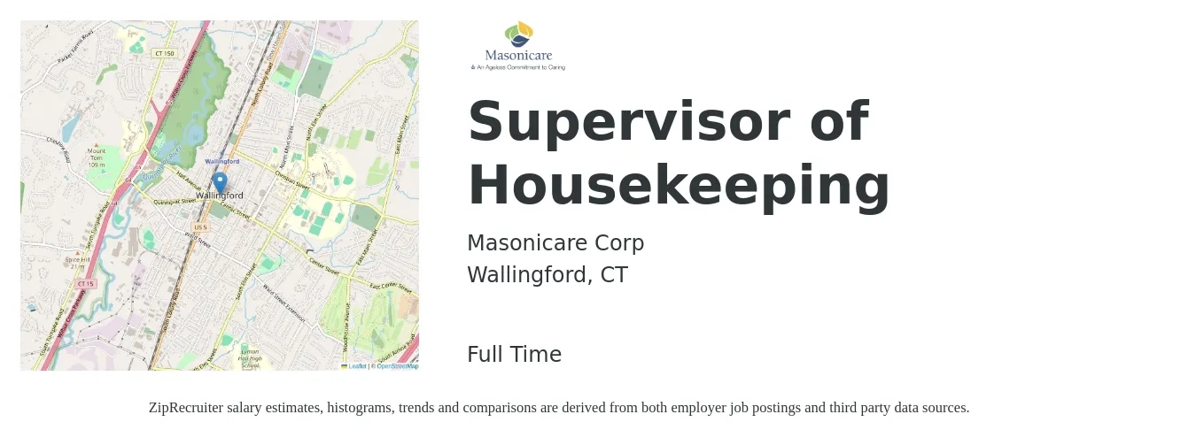 Masonicare Corp job posting for a Supervisor of Housekeeping in Wallingford, CT with a salary of $17 to $24 Hourly with a map of Wallingford location.