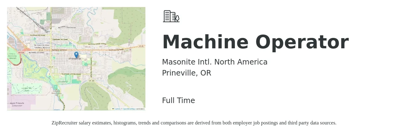 Masonite Intl. North America job posting for a Machine Operator in Prineville, OR with a salary of $20 to $24 Hourly with a map of Prineville location.