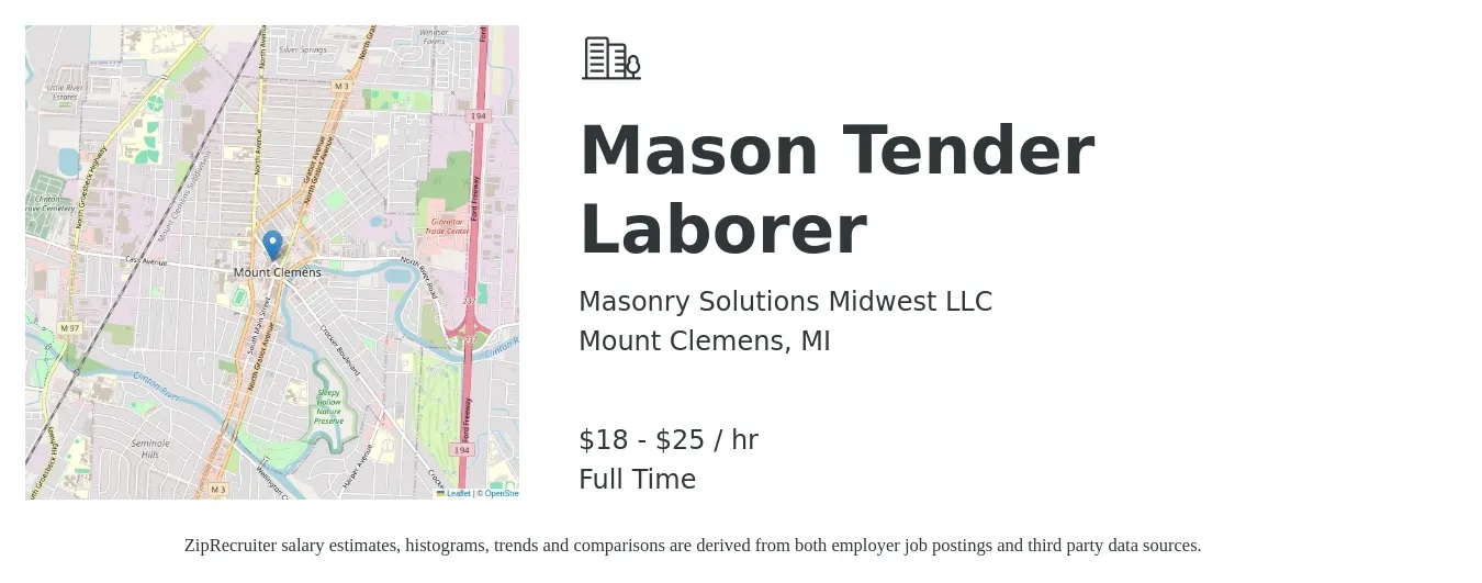 Masonry Solutions Midwest LLC job posting for a Mason Tender Laborer in Mount Clemens, MI with a salary of $19 to $26 Hourly with a map of Mount Clemens location.