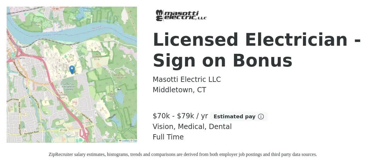 Masotti Electric LLC job posting for a Licensed Electrician - Sign on Bonus in Middletown, CT with a salary of $70,270 to $79,040 Yearly and benefits including life_insurance, medical, pto, retirement, vision, and dental with a map of Middletown location.