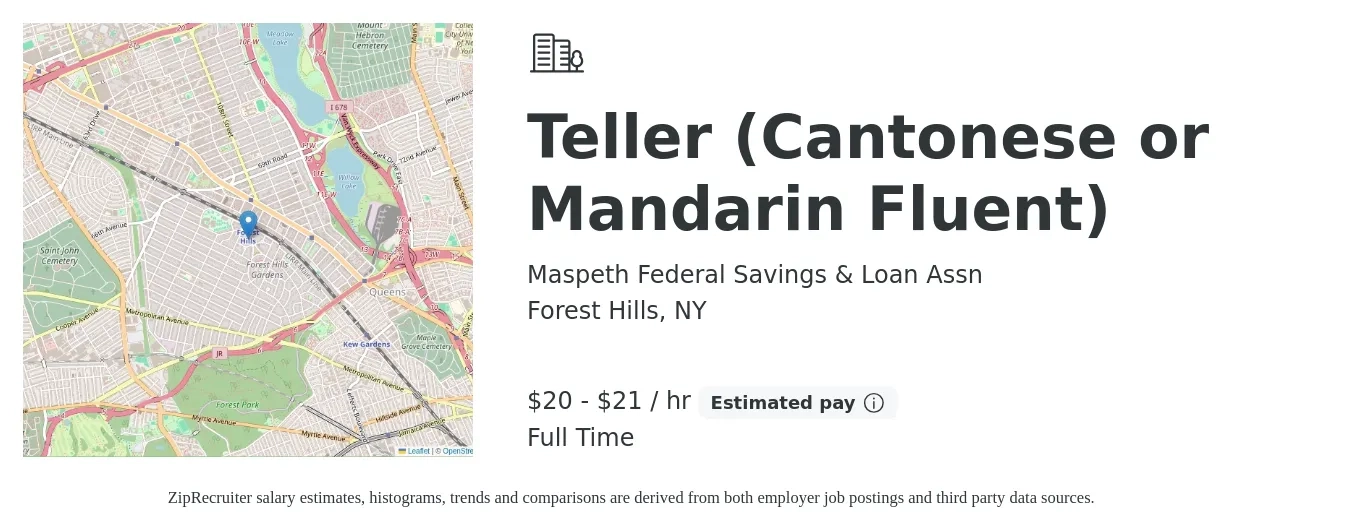 Maspeth Federal Savings & Loan Assn job posting for a Teller (Cantonese or Mandarin Fluent) in Forest Hills, NY with a salary of $21 to $22 Hourly with a map of Forest Hills location.