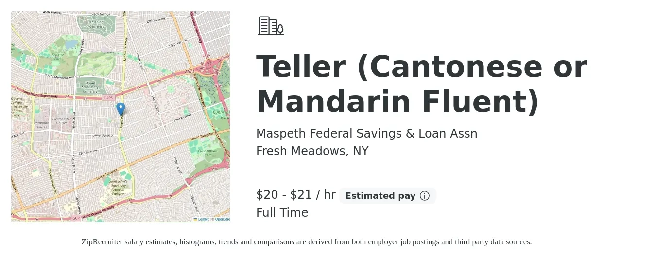 Maspeth Federal Savings & Loan Assn job posting for a Teller (Cantonese or Mandarin Fluent) in Fresh Meadows, NY with a salary of $21 to $22 Hourly with a map of Fresh Meadows location.