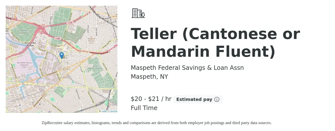 Maspeth Federal Savings & Loan Assn job posting for a Teller (Cantonese or Mandarin Fluent) in Maspeth, NY with a salary of $21 to $22 Hourly with a map of Maspeth location.