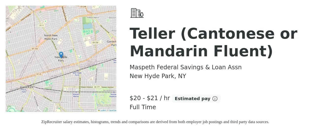 Maspeth Federal Savings & Loan Assn job posting for a Teller (Cantonese or Mandarin Fluent) in New Hyde Park, NY with a salary of $21 to $22 Hourly with a map of New Hyde Park location.
