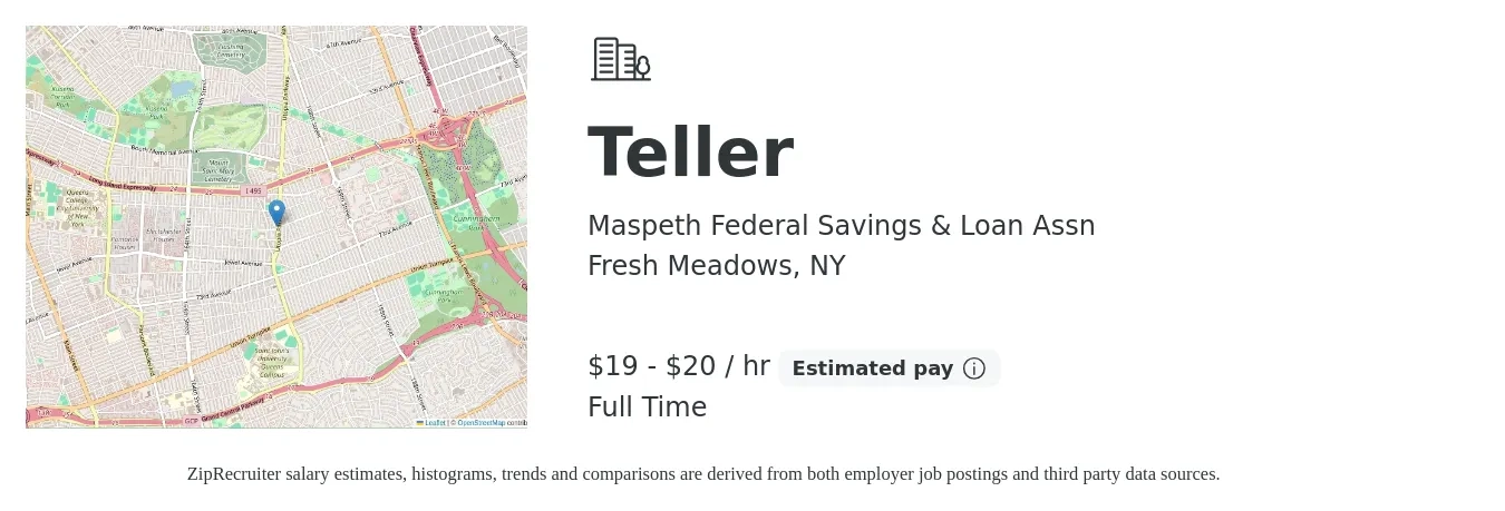 Maspeth Federal Savings & Loan Assn job posting for a Teller in Fresh Meadows, NY with a salary of $20 to $21 Hourly with a map of Fresh Meadows location.
