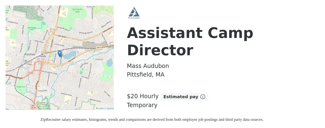 Mass Audubon job posting for a Assistant Camp Director in Pittsfield, MA with a salary of $21 Hourly with a map of Pittsfield location.