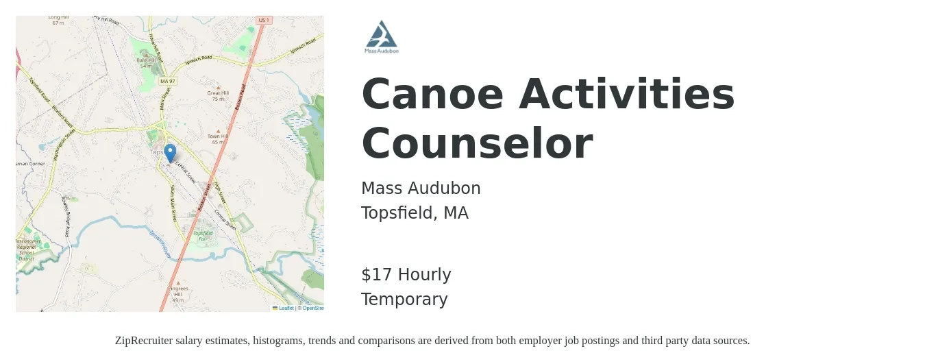 Mass Audubon job posting for a Canoe Activities Counselor in Topsfield, MA with a salary of $18 Hourly with a map of Topsfield location.