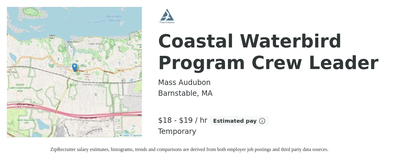 Mass Audubon job posting for a Coastal Waterbird Program Crew Leader in Barnstable, MA with a salary of $19 to $20 Hourly with a map of Barnstable location.