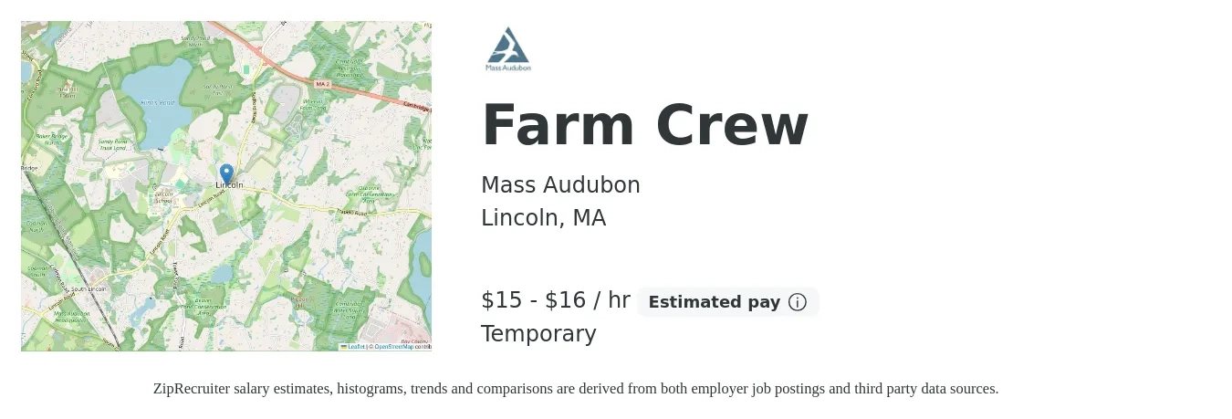 Mass Audubon job posting for a Farm Crew in Lincoln, MA with a salary of $16 to $18 Hourly with a map of Lincoln location.