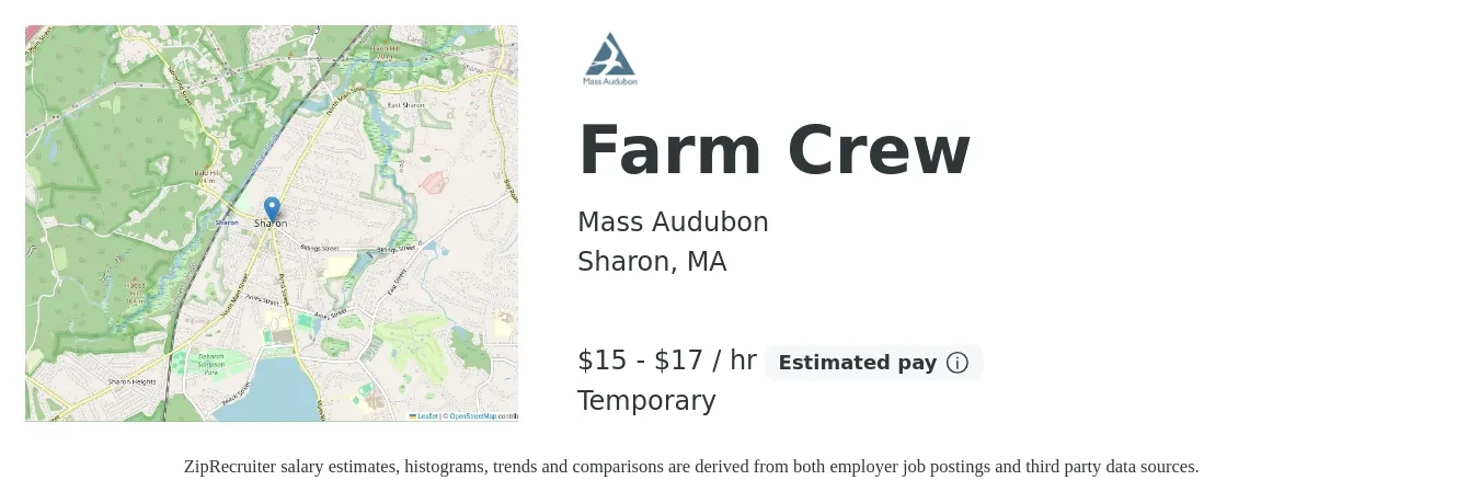 Mass Audubon job posting for a Farm Crew in Sharon, MA with a salary of $16 to $18 Hourly with a map of Sharon location.