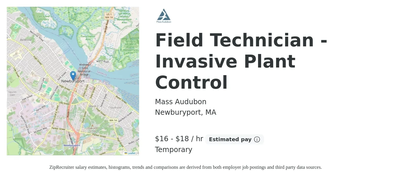 Mass Audubon job posting for a Field Technician - Invasive Plant Control in Newburyport, MA with a salary of $17 to $20 Hourly with a map of Newburyport location.