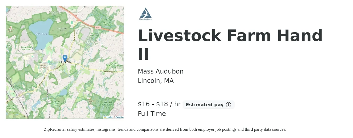 Mass Audubon job posting for a Livestock Farm Hand II in Lincoln, MA with a salary of $18 to $20 Hourly with a map of Lincoln location.