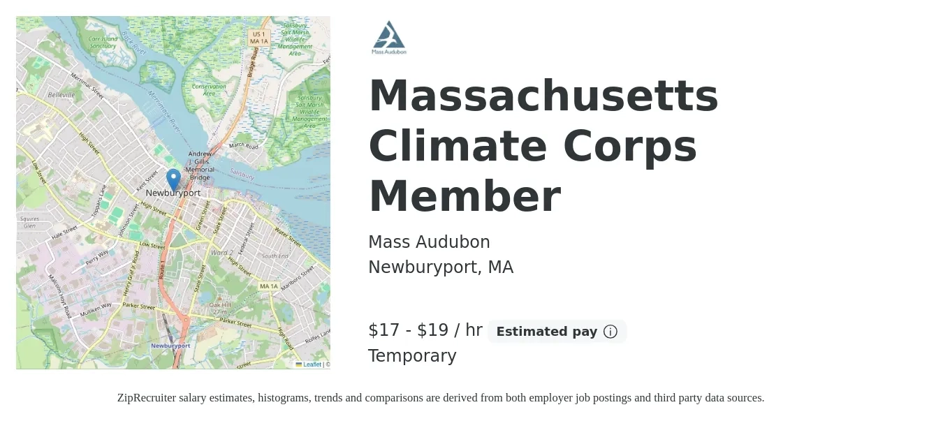 Mass Audubon job posting for a Massachusetts Climate Corps Member in Newburyport, MA with a salary of $18 to $20 Hourly with a map of Newburyport location.