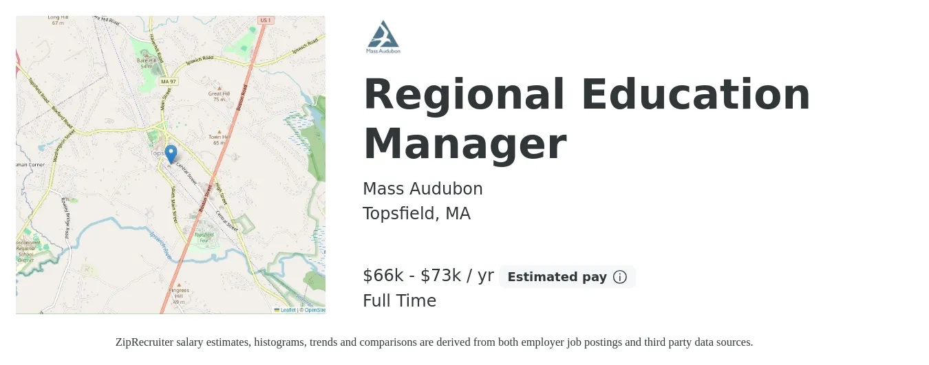 Mass Audubon job posting for a Regional Education Manager in Topsfield, MA with a salary of $66,500 to $73,000 Yearly with a map of Topsfield location.
