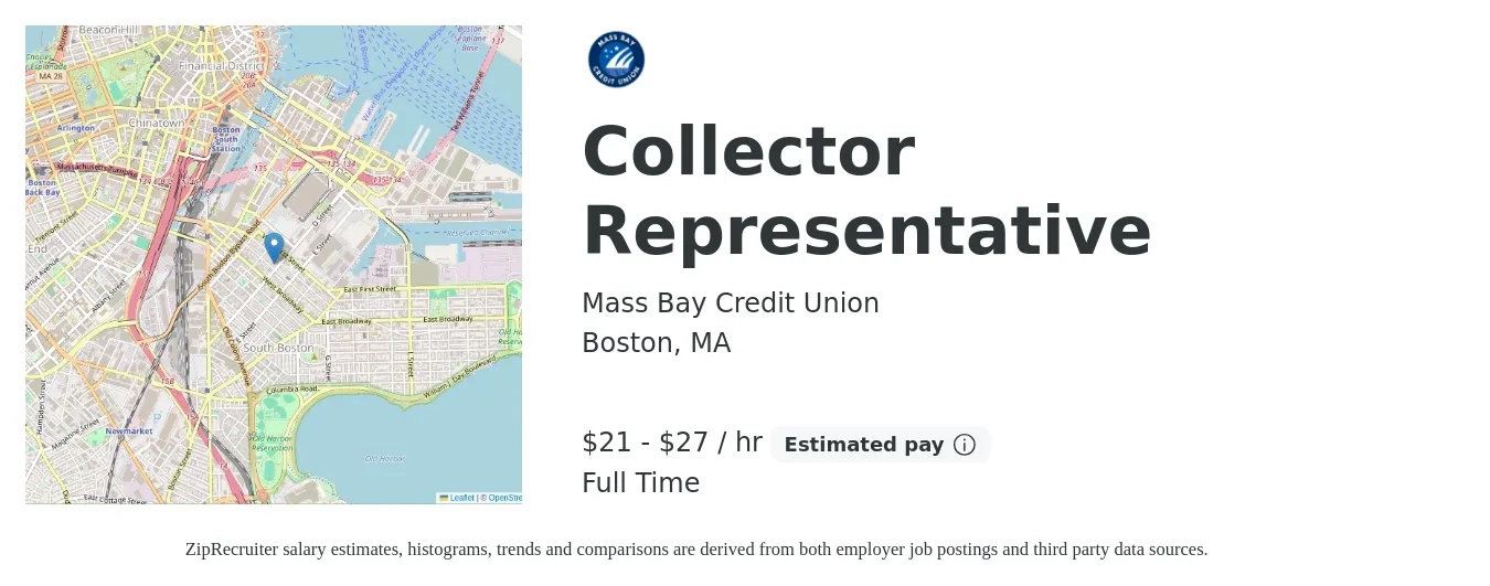 Mass Bay Credit Union job posting for a Collector Representative in Boston, MA with a salary of $23 to $29 Hourly with a map of Boston location.