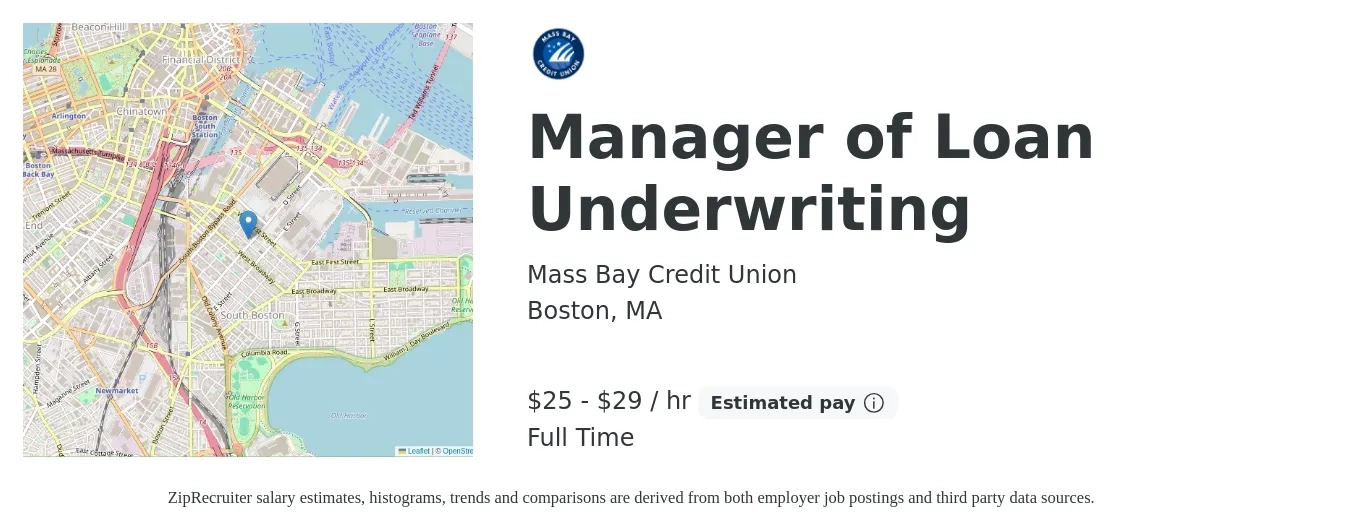 Mass Bay Credit Union job posting for a Manager of Loan Underwriting in Boston, MA with a salary of $83,700 to $131,500 Yearly with a map of Boston location.