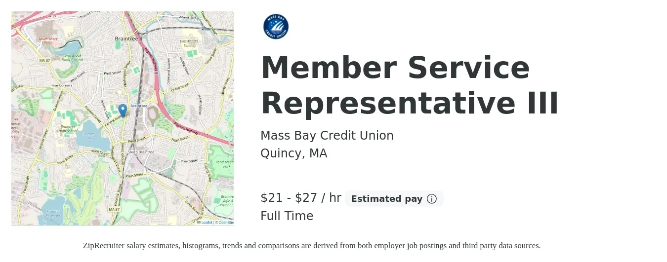 Mass Bay Credit Union job posting for a Member Service Representative III in Quincy, MA with a salary of $23 to $29 Hourly with a map of Quincy location.