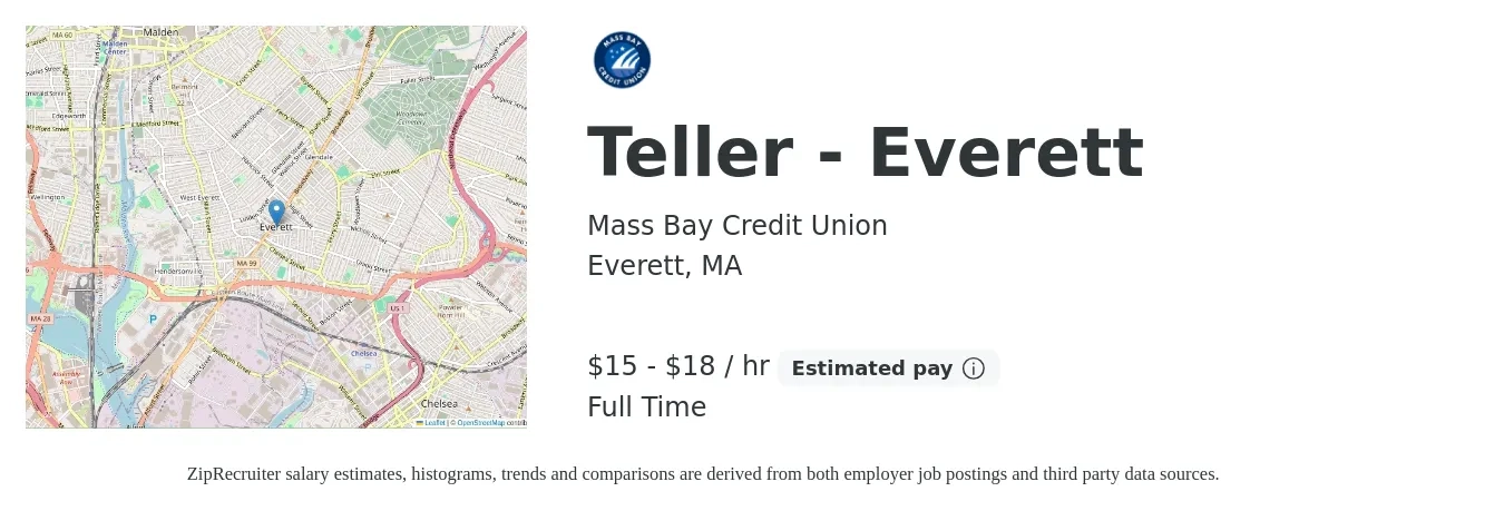 Mass Bay Credit Union job posting for a Teller - Everett in Everett, MA with a salary of $16 to $19 Hourly with a map of Everett location.