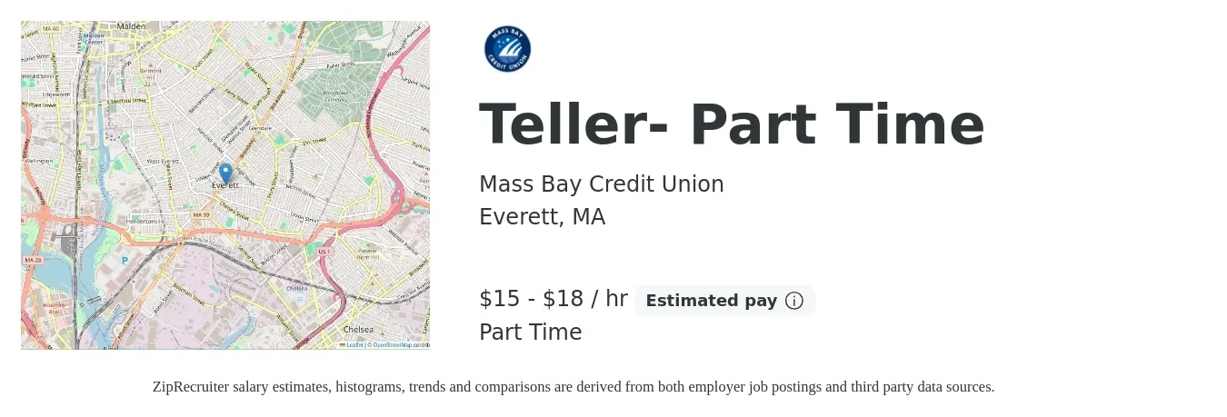 Mass Bay Credit Union job posting for a Teller- Part Time in Everett, MA with a salary of $16 to $19 Hourly with a map of Everett location.