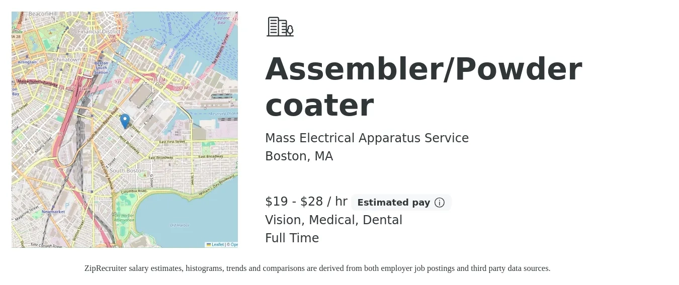 Mass Electrical Apparatus Service job posting for a Assembler/Powder coater in Boston, MA with a salary of $20 to $30 Hourly and benefits including dental, life_insurance, medical, pto, retirement, and vision with a map of Boston location.