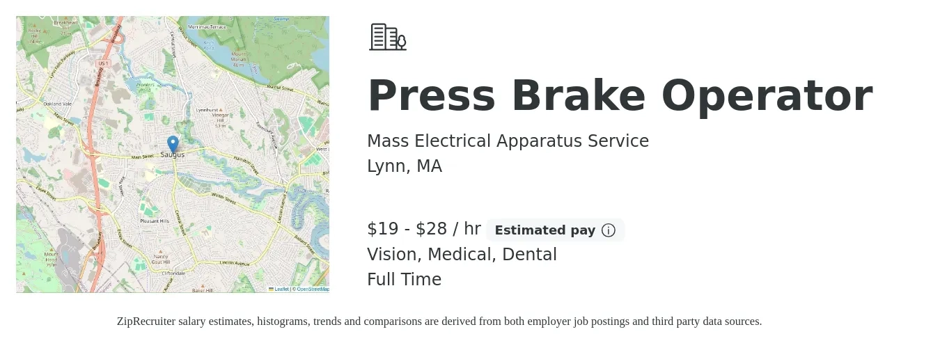 Mass Electrical Apparatus Service job posting for a Press Brake Operator in Lynn, MA with a salary of $20 to $30 Hourly and benefits including medical, pto, retirement, vision, dental, and life_insurance with a map of Lynn location.